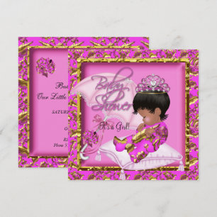 Cute African American Baby Shower Pink Gold Invitation