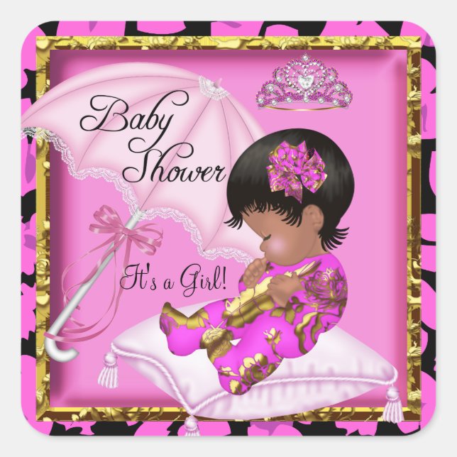 Cute African American Baby Shower Pink Leopard Square Sticker (Front)