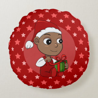 Cute African American baby with a Santa hat Round Pillow
