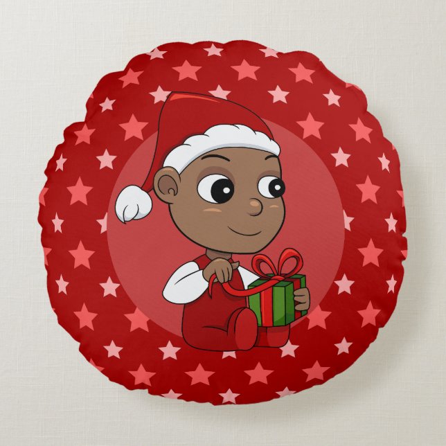Cute African American baby with a Santa hat Round Pillow (Front)