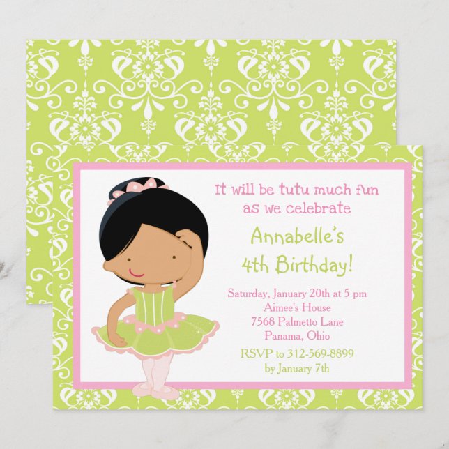 Cute African American Ballerina and Green Damask Invitation (Front/Back)