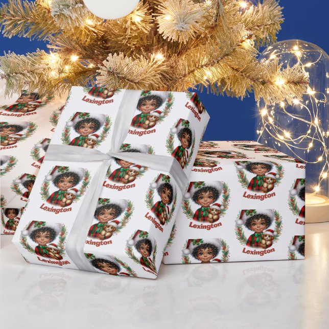 Cute African American Boy & Puppy Christmas Wrapping Paper (Holidays)
