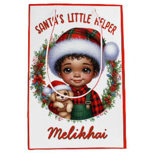 Cute African American Boy with Puppy Christmas Medium Gift Bag