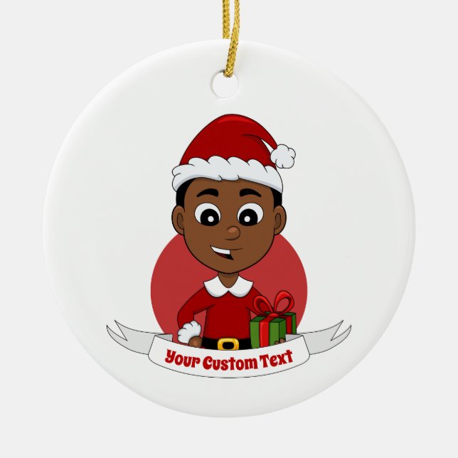 Cute African American Christmas boy cartoon Ceramic Ornament (Front)