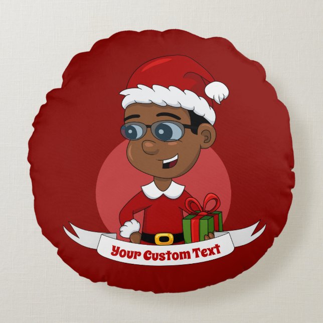 Cute African American Christmas boy with glasses Round Pillow (Front)
