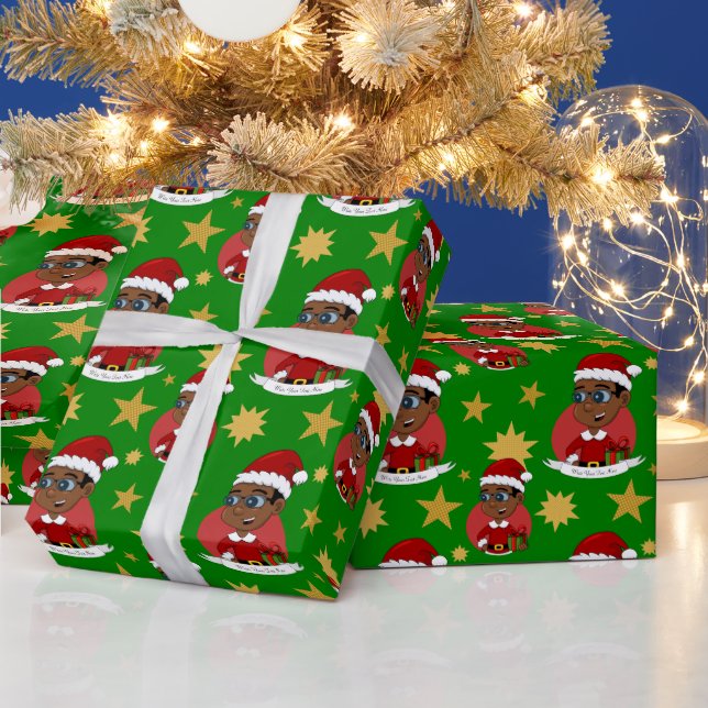 Cute African American Christmas boy with glasses Wrapping Paper (Holidays)