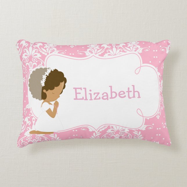 Cute African American Girl Praying and Poem Accent Pillow (Front)