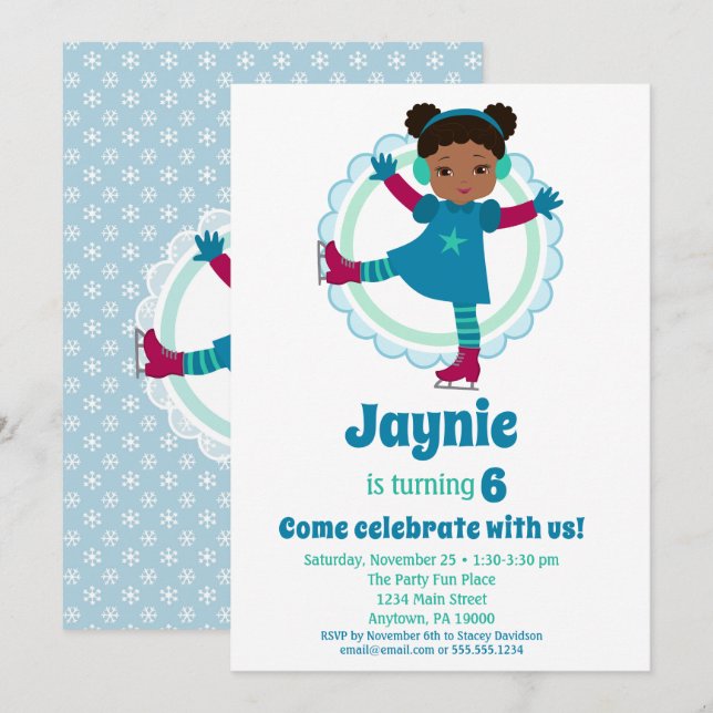 Cute African American Ice Skating Birthday Party Invitation (Front/Back)