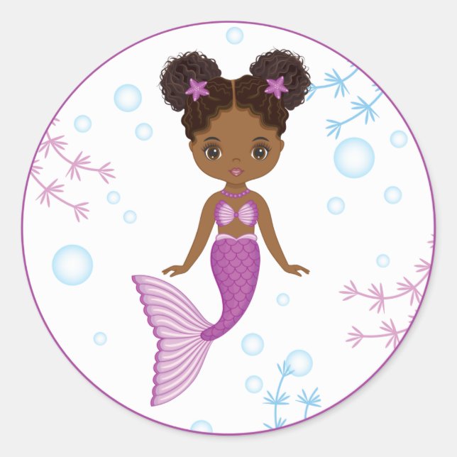 Cute African American Mermaid Round Sticker  (Front)