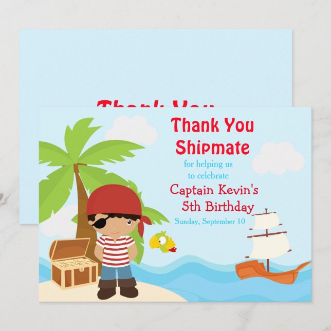 Cute African American Pirate Boy Birthday Party Thank You Card (Front/Back)