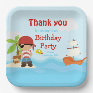 Cute African American Pirate Boy in Red Birthday Paper Plate
