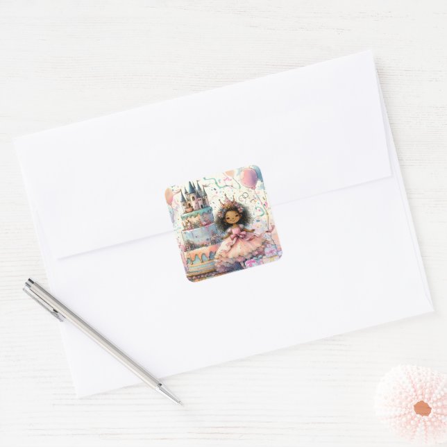 Cute African American Princess Castle Cake Gifts  Square Sticker (Envelope)