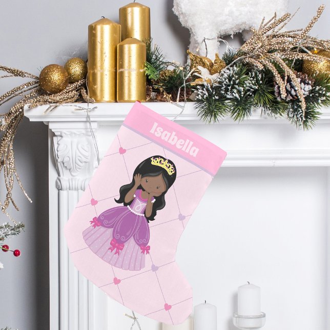 Cute African American Princess Girl Pink Kids Small Christmas Stocking (Creator Uploaded)