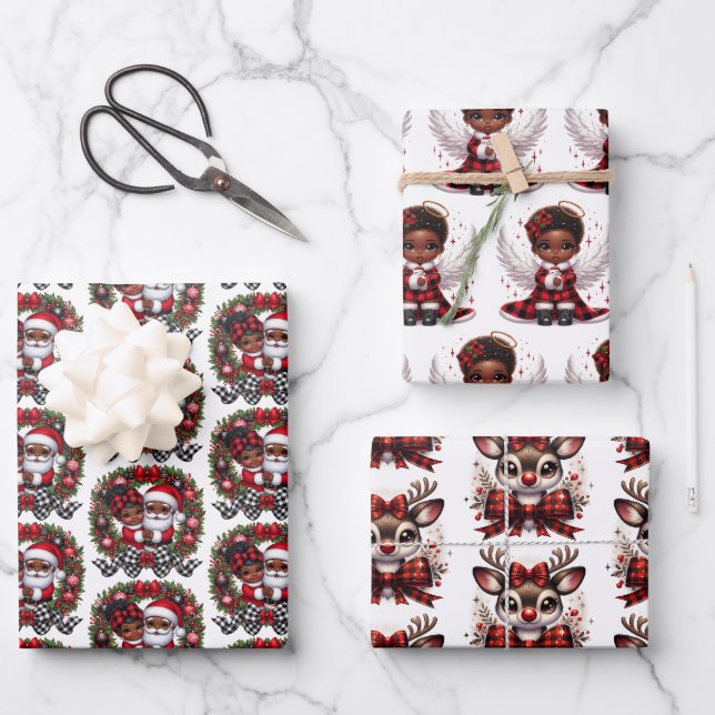 Cute African American Red & Black Christmas Wrapping Paper Sheet (Front)