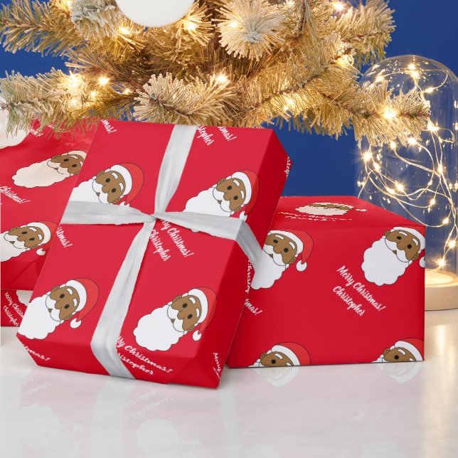 Cute African American Santa Claus Merry Xmas Red Wrapping Paper (Holidays)