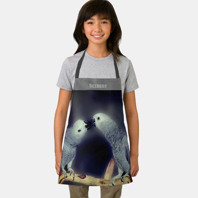 Cute African Grey Parrots Kissing Personalized Apron (Insitu)