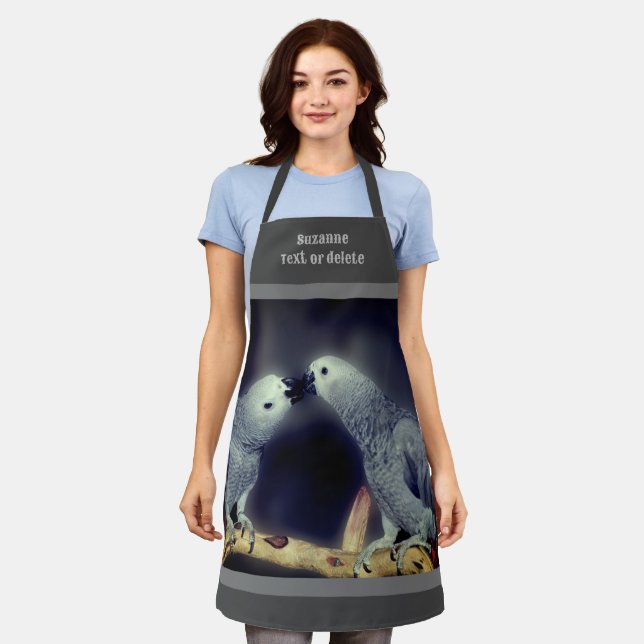 Cute African Grey Parrots Kissing Personalized Apron (Worn)