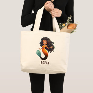 Cute African Mermaid Girl - Custom Name Afro Kids Large Tote Bag