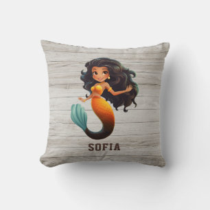 Cute African Mermaid Girl - Custom Name Afro Kids Throw Pillow