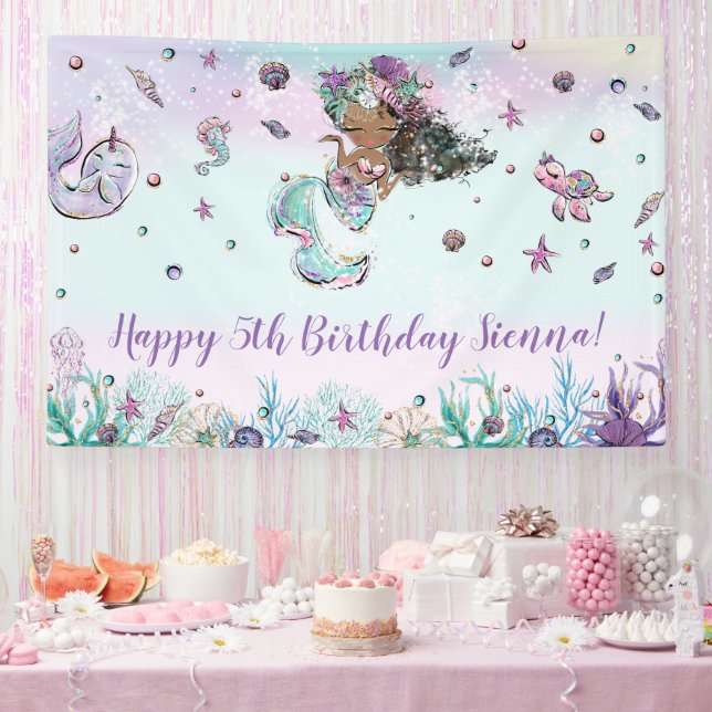 Cute African Mermaid Pool Birthday Party Backdrop Banner (Party)