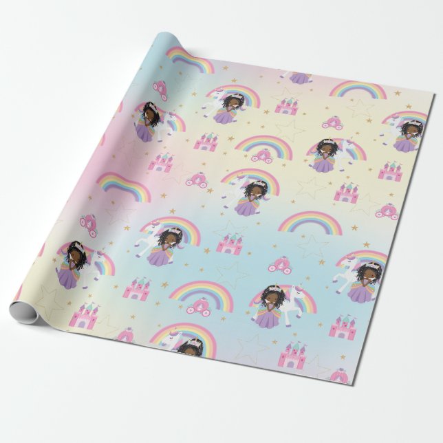 Cute African Princess and Unicorn Rainbow Birthday Wrapping Paper (Unrolled)