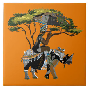 Cute African Tribal lady rhino decor Tile