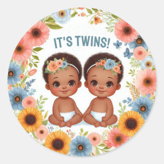 Cute African Twin Boys Baby Shower Watercolor Classic Round Sticker