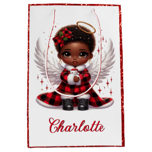 Cute Afro Angel Little Girl Red & Black Christmas Medium Gift Bag