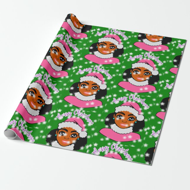 Cute Afro Girl Christmas Wrapping Paper (Unrolled)
