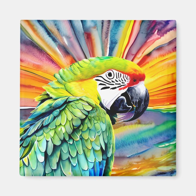 Cute AI Generated Watercolor Style Green Parrot Magnet (Front)