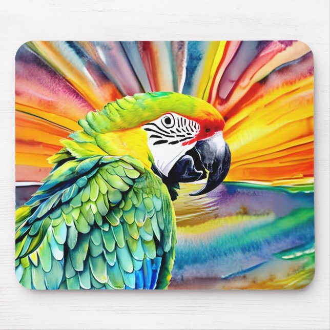 Cute AI Generated Watercolor Style Green Parrot Mouse Pad (Front)