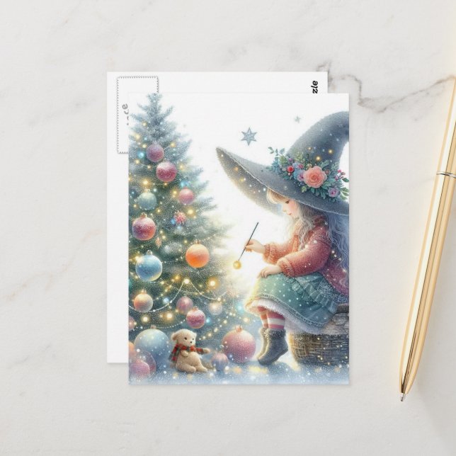 Cute AI Generated Witch and a Yule Tree Postcard (Front/Back In Situ)