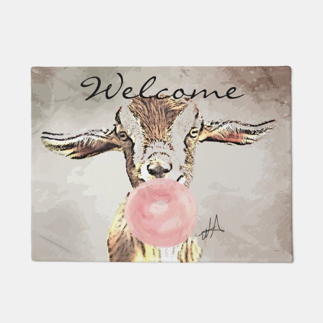 Cute Airplane Ears Goat with Bubblegum Welcome Mat (Front)
