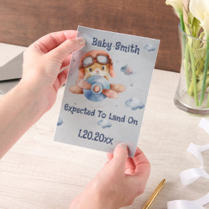 Cute Airplane Landing Pilot Boy Pregnancy Announce Vellum Invitations