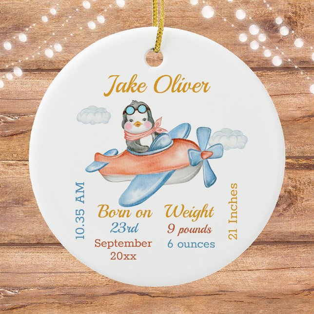 Cute Airplane Penguin Baby Boy Stats Ceramic Ornam Ornament (Creator Uploaded)