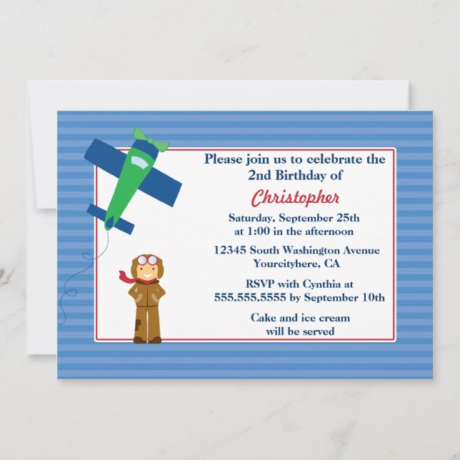 Cute airplane pilot boys birthday party invitation (Front)