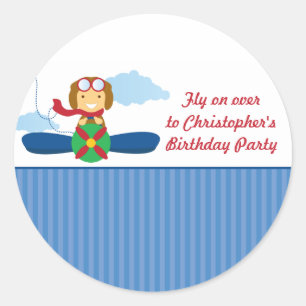 Cute airplane pilot boys birthday party stickers