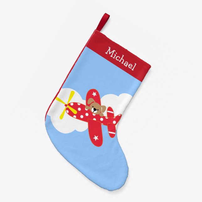 Cute Airplane Puppy Personalized Small Christmas Stocking (Front (Hanging))