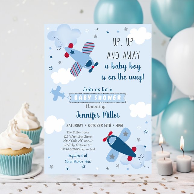 Cute Airplane Stars Clouds Baby Shower Invitation (Creator Uploaded)
