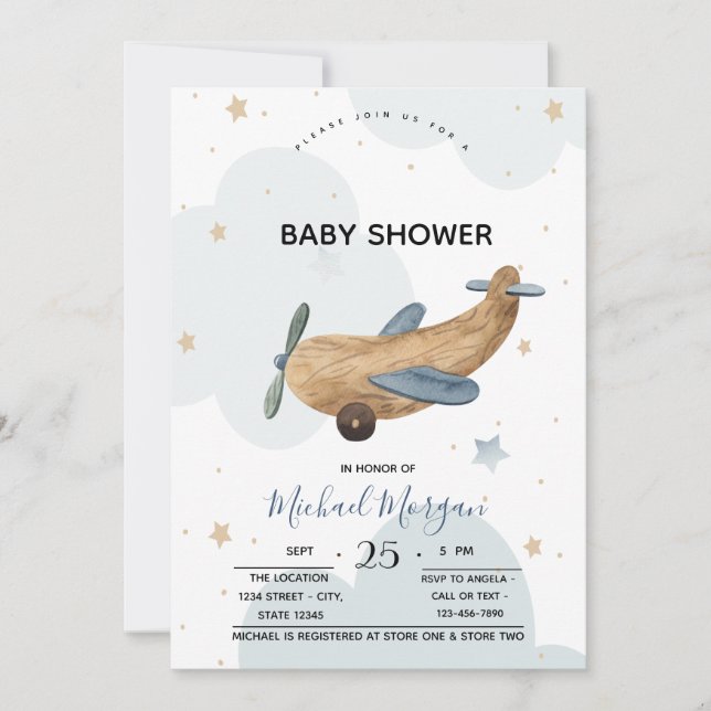 Cute Airplane Toy Clouds Baby Shower  Invitation (Front)