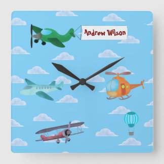 Cute Airplanes and Helicopter Flying on Blue Sky Square Wall Clock