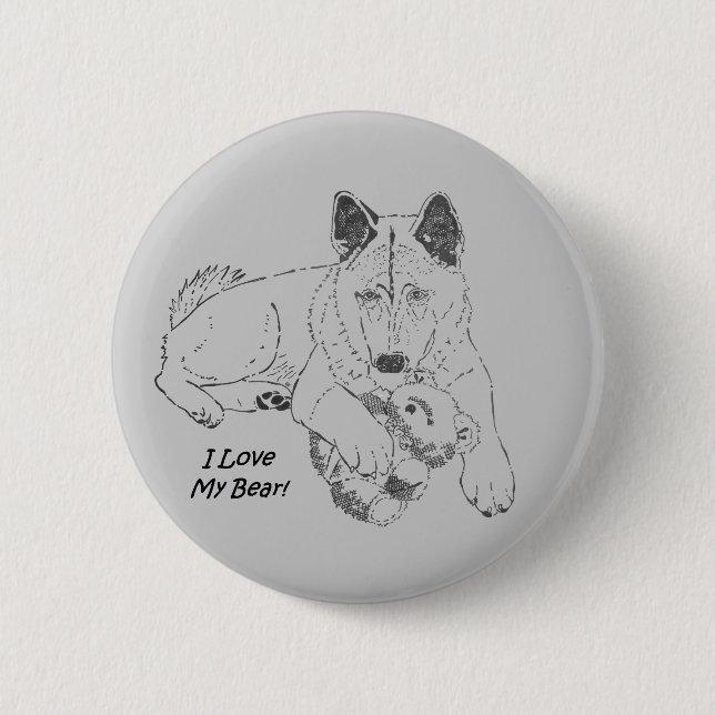 Cute akita dog and teddy bear drawing original art 2 inch round button (Front)