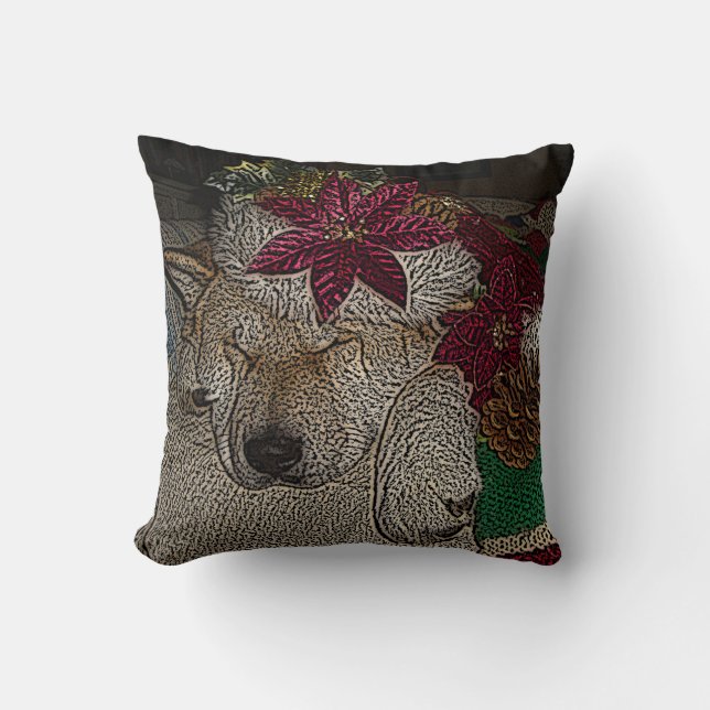 Cute akita dog in red santa hat sleeping throw pillow (Front)