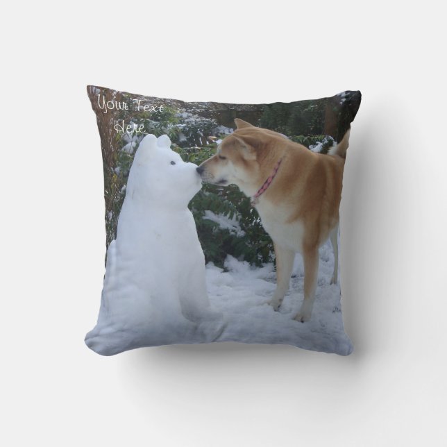 cute akita dog kissing snowdog throw pillow (Front)