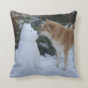 cute akita dog kissing snowdog throw pillow