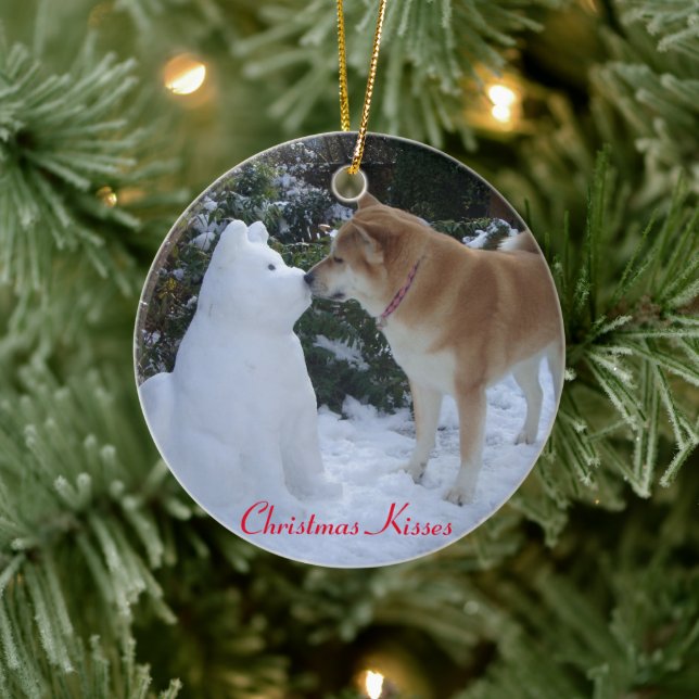 cute akita dog kissing snowman akita christmas ceramic ornament (Tree)