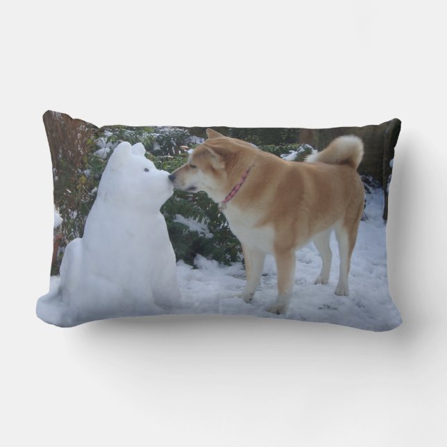 cute akita dog kissing snowman at christmas lumbar pillow (Front)