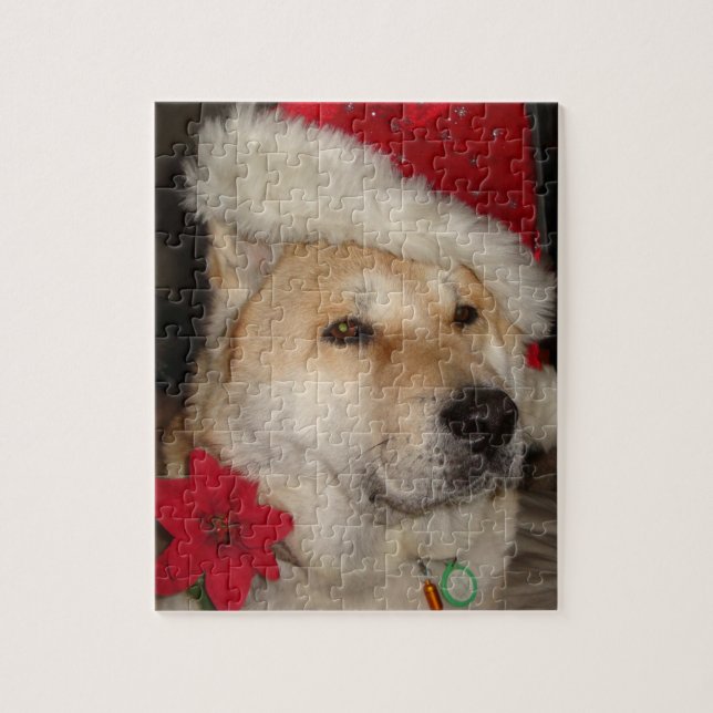 Cute akita dog red santa hat pointsettia christmas jigsaw puzzle (Vertical)