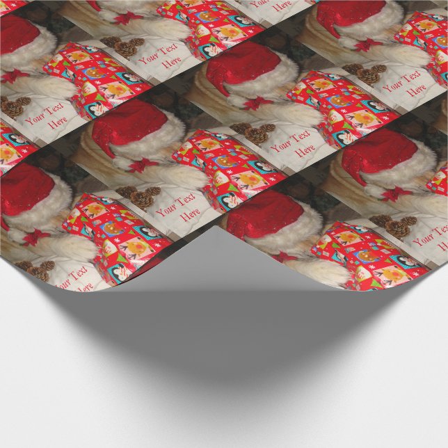 Cute akita dog santa hat opening christmas gift wrapping paper (Corner)