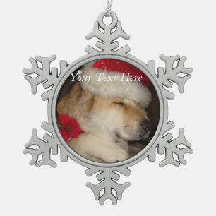 cute akita in christmas santa hat giving paw snowflake pewter christmas ornament